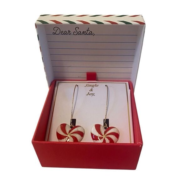 Red and White Heart Shaped Candy Cane Dangle Earrings - Picture 5 of 7
